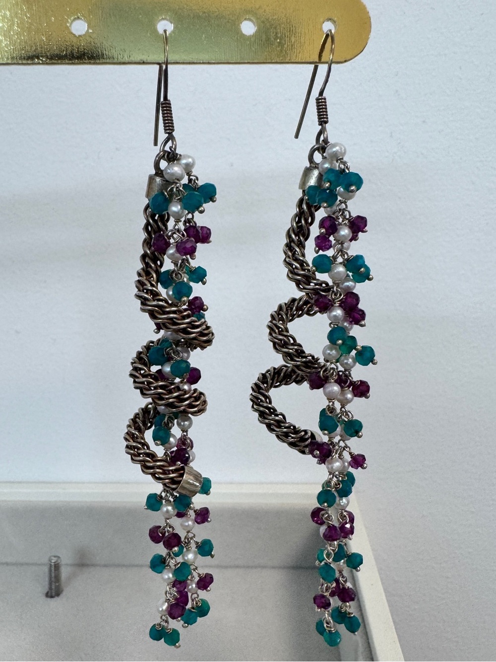 Bombay Electric - Ruby, Emerald and Pearl Twist Dangle Earrings